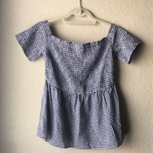 Peplum off the shoulder navy gingham top
